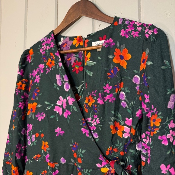 Calvin Klein Dress Green Floral Faux Wrap Midi Ruffles Size 4 in Malachite - Picture 3 of 16
